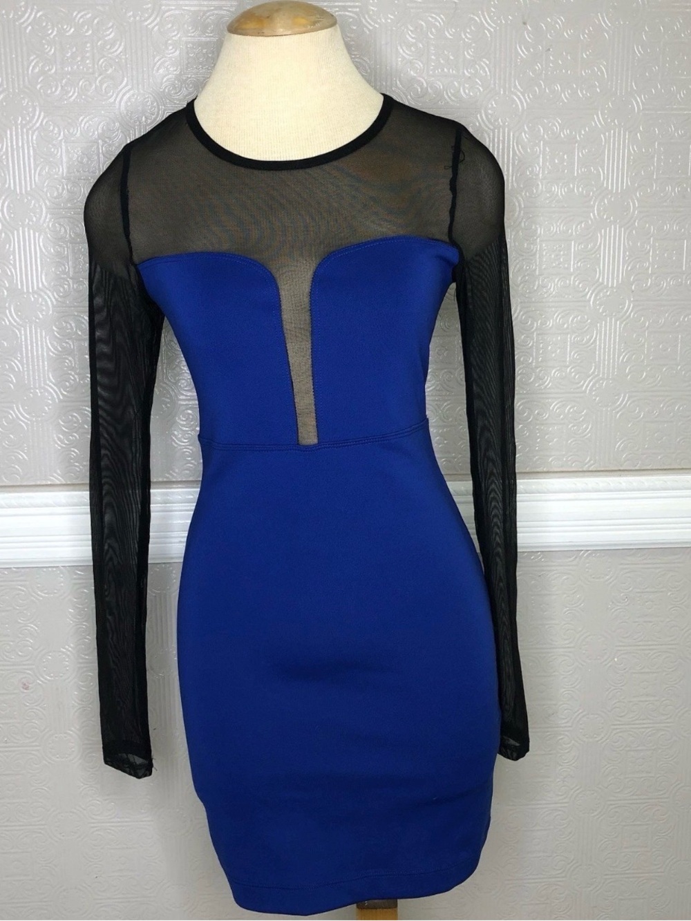 Forever 21 royal blue cotton bodycon dress with black sheer sleeves Size S